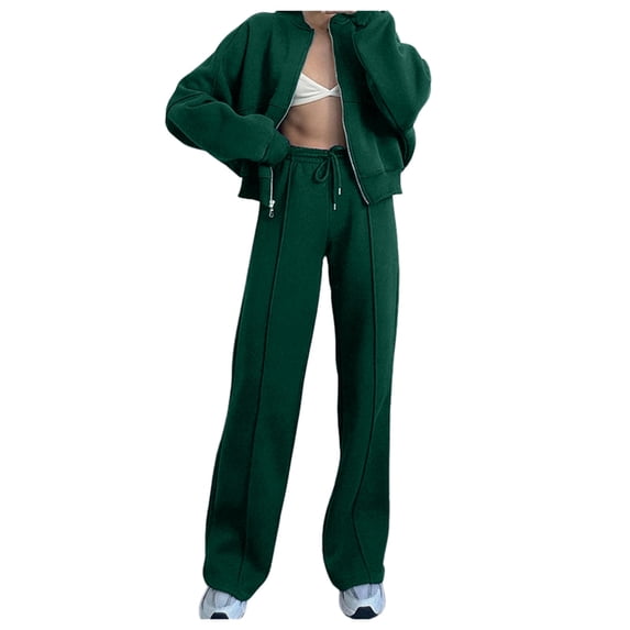 Solid Color Zipper Cardigan Hoodie Set - Women's Casual Straight Trouser Suit, Polyester, Size S-XXL