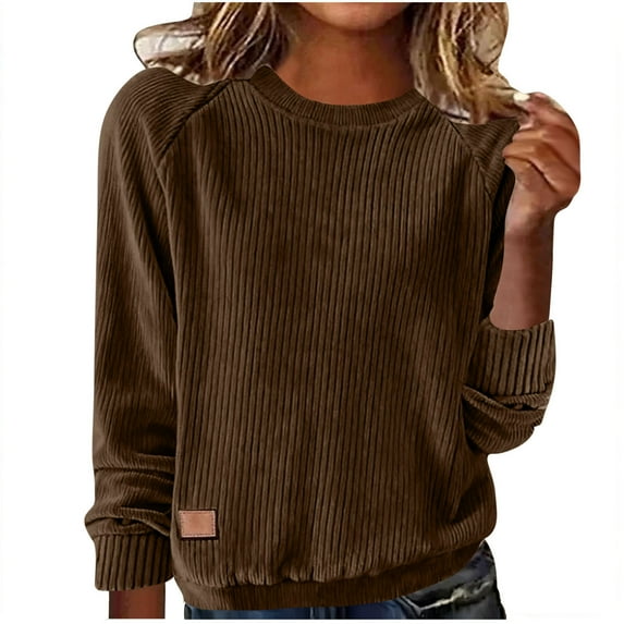 Solid-Colored Corduroy Long-Sleeved Tops for Women, Loose Round-Neck Pullover Hoodies, Classic Fall Casual Blouses