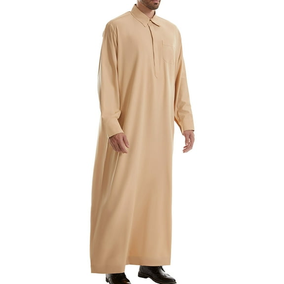 Solid Colored Men Robes Comfortable Breathable Fabric Traditional Clothing Long Sleeve Thobe for Daily Wear Mens Casual Crew Neck Basic Tees