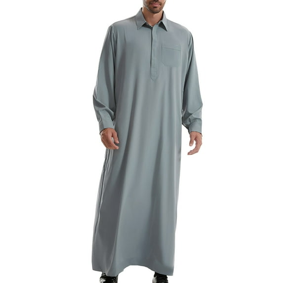 Solid Colored Men Robes Long Sleeve Comfortable Prayer Thobe Traditional Clothing Breathable Fabric Mens Casual Crew Neck Basic Tees
