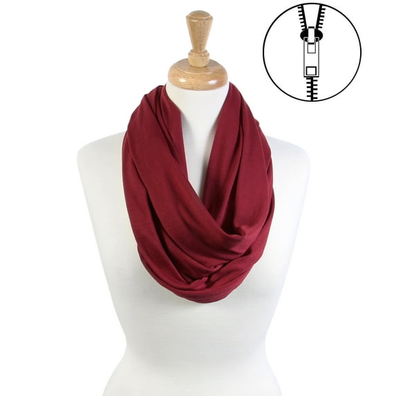 Solid Colors Hidden Zipper Pocket Light Infinity Scarf Travel Accessory (Burgundy)