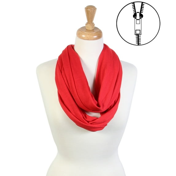 Solid Colors Hidden Zipper Pocket Light Infinity Scarf Travel Accessory (Red)