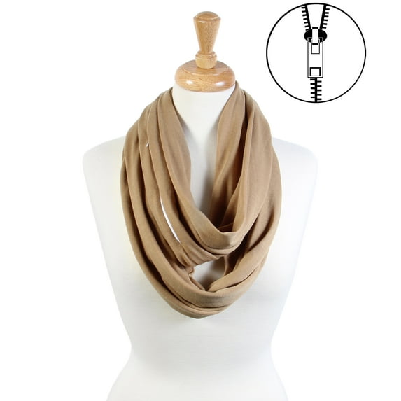 Solid Colors Hidden Zipper Pocket Light Infinity Scarf Travel Accessory (Tan)