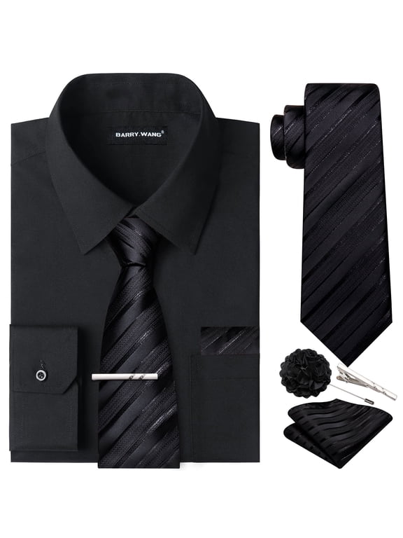 Solid Colors Mens Dress Shirt Matching Tie Set Formal Business Wedding Shirts Long Sleeve Button Down Casual Black 6PCS