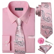 Solid Colors Mens Dress Shirt Matching Tie Set Formal Business Wedding Shirts Long Sleeve Button Down Casual Blush Pink 6PCS