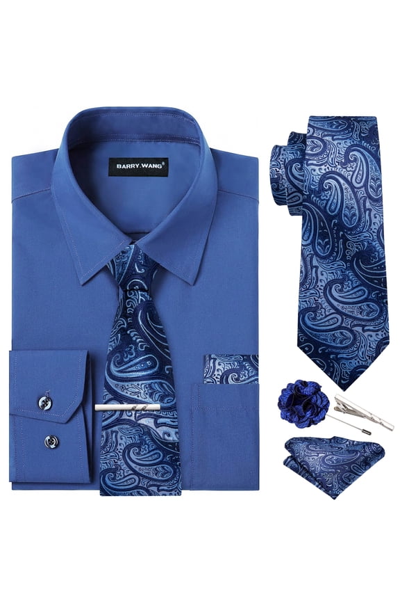 Solid Colors Mens Dress Shirt Matching Tie Set Formal Business Wedding Shirts Long Sleeve Button Down Casual Denim Blue 6PCS