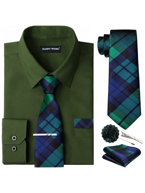 Solid Colors Mens Dress Shirt Matching Tie Set Formal Business Wedding Shirts Long Sleeve Button Down Casual Green 6PCS