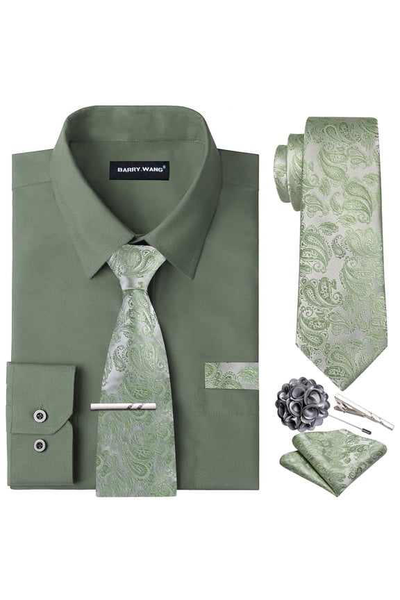 Solid Colors Mens Dress Shirt Matching Tie Set Formal Business Wedding Shirts Long Sleeve Button Down Casual Green Grey 6PCS