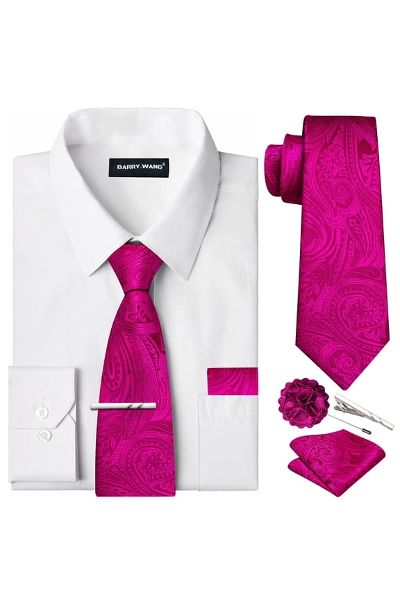 Solid Colors Mens Dress Shirt Matching Tie Set Formal Business Wedding Shirts Long Sleeve Button Down Casual White Pink 6PCS