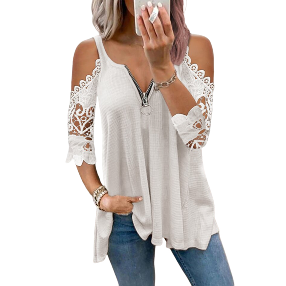 Solid Colour Zip Lace Sleeve Loose T-Shirt Fashion Hollow Out Lace Edge Pleated Zipper Strapless v-Neck Halter Top