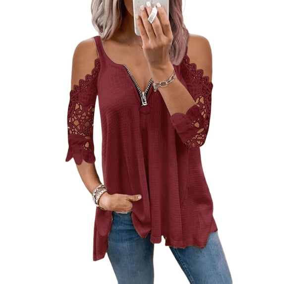 Solid Colour Zip Lace Sleeve Loose T-Shirt Fashion Hollow Out Lace Edge Pleated Zipper Strapless v-Neck Halter Top