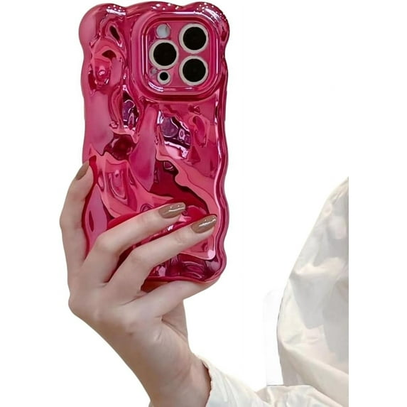 Solid Colour electroplated Bubble Phone case, Simple Style, Wave curl Frame, Anti-Drop and wear-Resistant, for iPhone 15 14 13 12 11 Pro Max Phone Case (Rose Red,iPhone 14)
