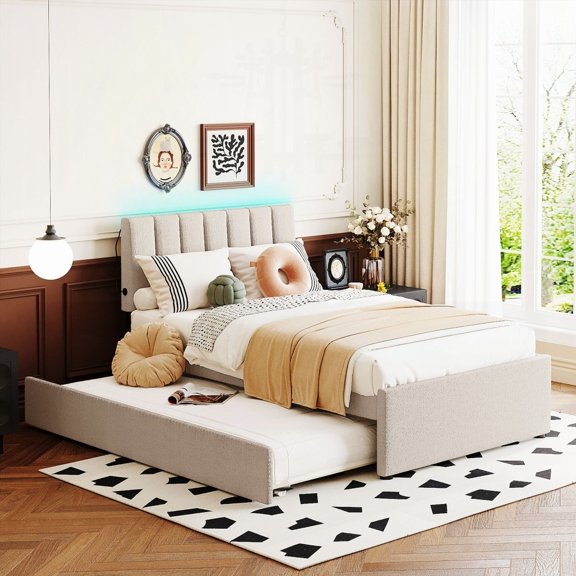 Teddy Fleece Twin Platform Bed with Trundle in Beige - Solid Frame & Romantic Bedroom Atmosphere