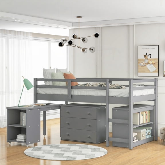 Solid Construction - Low Study Twin Loft Bed with Cabinet & Desk - Gray