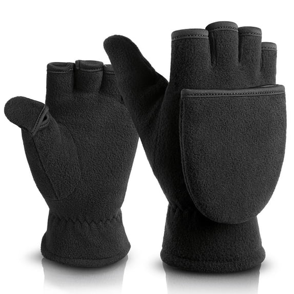 Solid Convertible Flip Top Winter Windproof Fingerless Mittens With Cover For Adults, L, Black
