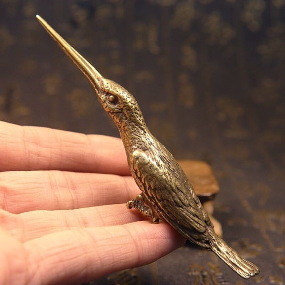 Solid Copper Bird Figurine Long Beak Mini Tea Pet Sculpture Vintage Style Desk Ornament Collectible Decor Gift