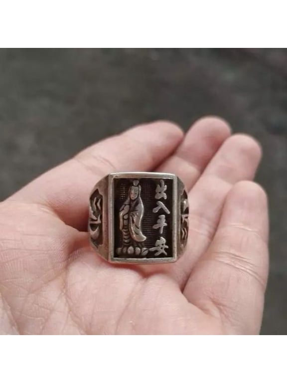 Solid Copper Guanyin Ring Buddhist Finger Ring Peace Blessing In and Out Unisex Traditional Protective Accessory