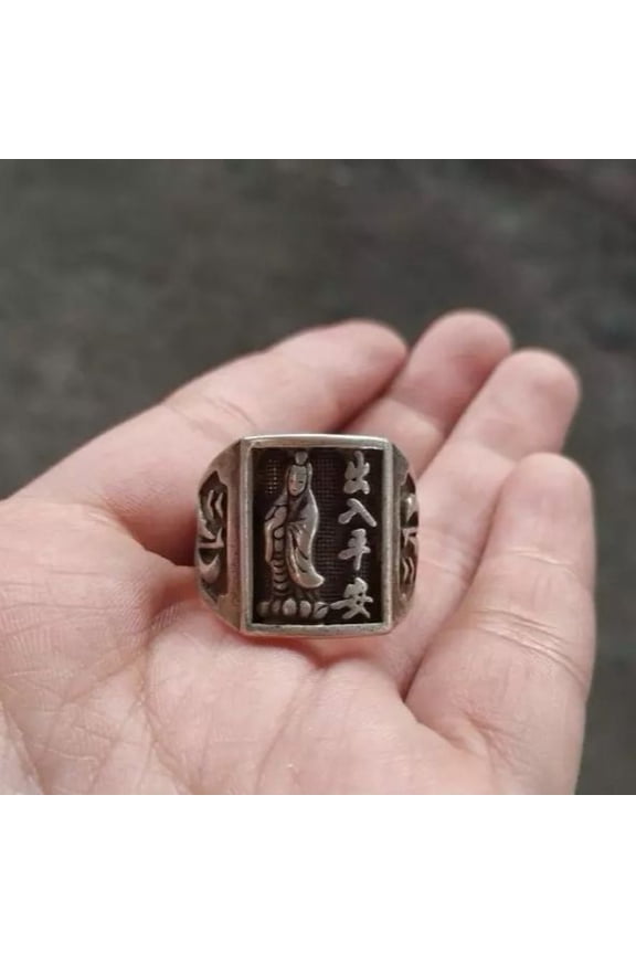 Solid Copper Guanyin Ring Buddhist Finger Ring Peace Blessing In and Out Unisex Traditional Protective Accessory
