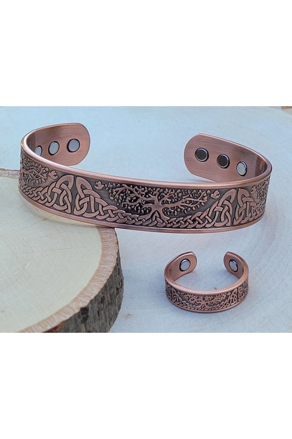 Solid Copper Magnetic Bracelet Ring Set Arthritis Cuff Bangle Ring Set Tree Of Life by MDream