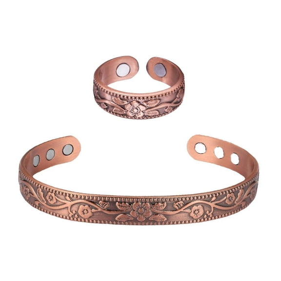 Solid Copper Magnetic Bracelet and Ring Set - Vintage Plum Flower Jewelry, Adjustable Open Cuff Bangle Set for Women and Men
