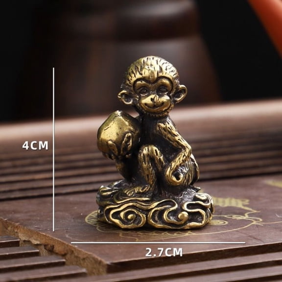 Solid Copper Monkey Sculpture Longevity Peach Figurine Feng Shui Desk Decor Buddhist Statue