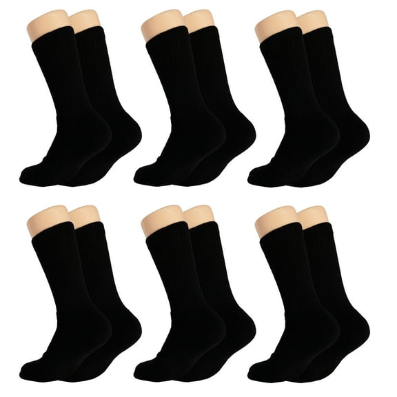 Solid Cotton Cushion Crew Socks for Women and Men Black 6 Pairs Size 10-13