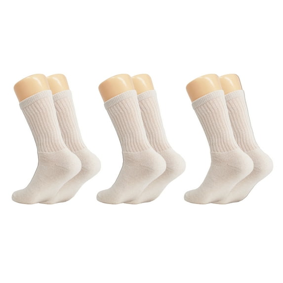 Solid Cotton Cushion Crew Socks for Women and Men Ecru 3 Pairs Size 9-11