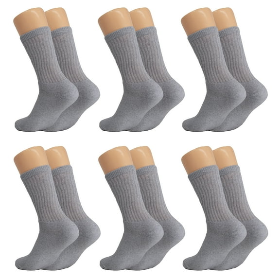 Solid Cotton Cushion Crew Socks for Women and Men Gray 6 Pairs Size 10-13