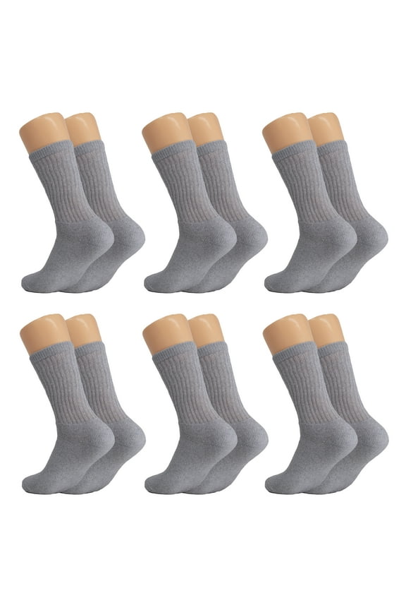 Solid Cotton Cushion Crew Socks for Women and Men Gray 6 Pairs Size 9-11