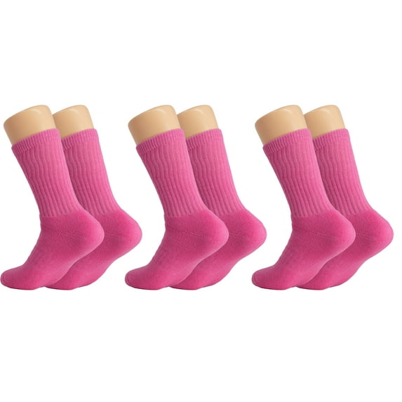 Solid Cotton Cushion Crew Socks for Women and Men Hot Pink 3 Pairs Size 10-13