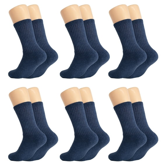 Solid Cotton Cushion Crew Socks for Women and Men Indigo Blue 6 Pairs Size 9-11