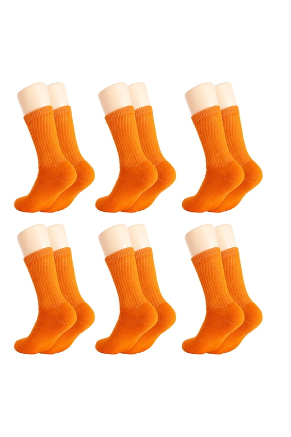 Solid Cotton Cushion Crew Socks for Women and Men Orange 6 Pairs Size 9-11