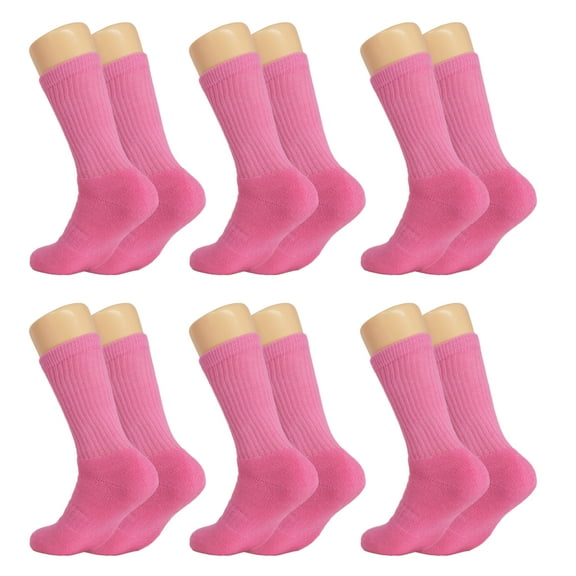 Solid Cotton Cushion Crew Socks for Women and Men Pink 6 Pairs Size 10-13