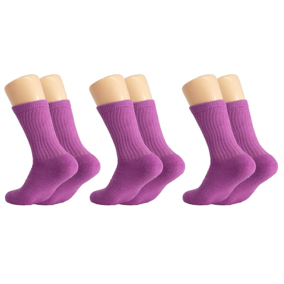 Solid Cotton Cushion Crew Socks for Women and Men Purple 3 Pairs Size 9-11