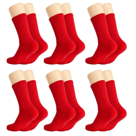 Solid Cotton Cushion Crew Socks for Women and Men Red 6 Pairs Size 9-11