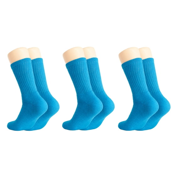 Solid Cotton Cushion Crew Socks for Women and Men Turquoise 3 Pairs Size 9-11