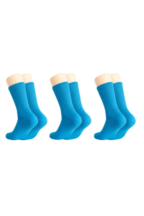 Solid Cotton Cushion Crew Socks for Women and Men Turquoise 3 Pairs Size 9-11