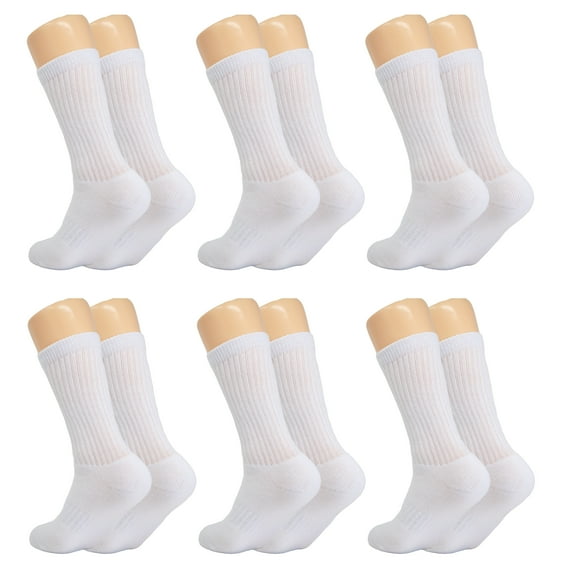 Solid Cotton Cushion Crew Socks for Women and Men White 6 Pairs Size 9-11
