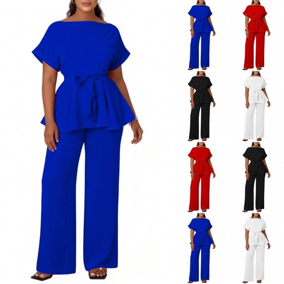 Solid Crew Neck Pantsuits for Women 2 Piece Business Set with Belt Short Sleeve Top Long Pants Formal Outfit 2026 Black 3XL