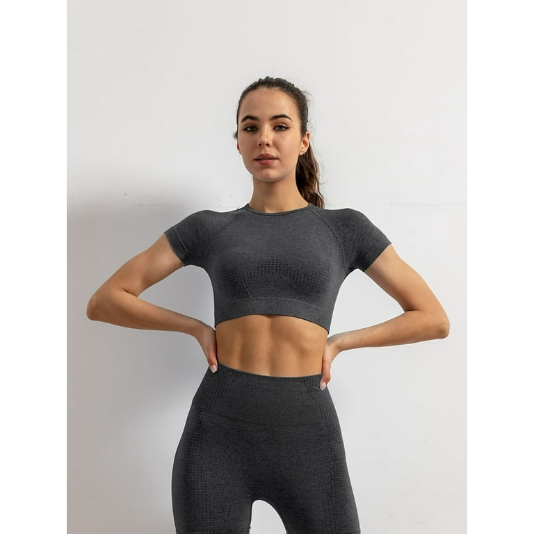 Solid Crew Neck Yoga Crop Top Short Sleeve Slimming Running Workout Top Women s Activewear Walmart