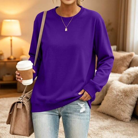 Solid Crewneck Sweatshirts Women Long Sleeve No Hood Oversized Casual Pullover Winter Clothes Purple S