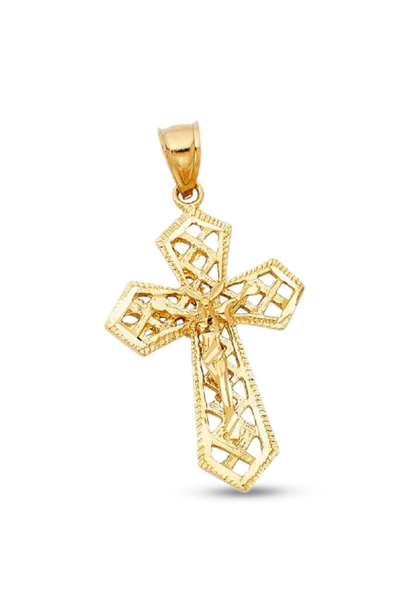 Solid Crucifix Pendant 14k Yellow Gold Jesus Cross Charm Diamond Cut Polished Genuine 32 x 23 mm