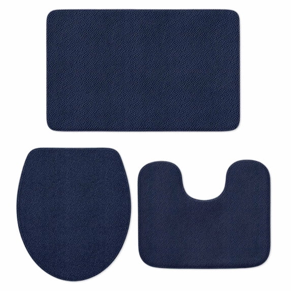 Solid Dark Blue Bath Mat 3 Piece Bathroom Rug Set, Minimalism Abstract Denim Texture Non Slip Bath Rug Contour Mat and Toilet Lid Cover, Absorbent Shower Mats Soft Bath Rugs and Mats Sets