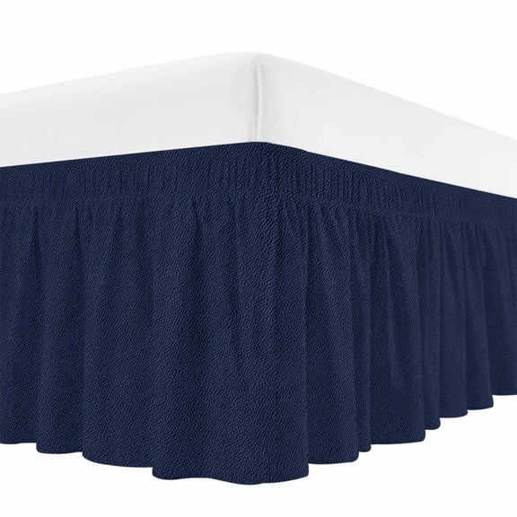 Solid Dark Blue Bed Skirt King Size, Minimalism Abstract Denim Texture Wrap Around Bed Skirting with Adjustable Elastic Strap, Dust Ruffled Pleated Bedskirts 18 Inch Drop for Bedroom King Beds