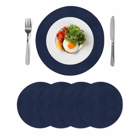 Solid Dark Blue Round 13 Inch Placemats Set of 4, Minimalism Abstract Denim Texture HeatResistant Non Slip Place Mats for Dining Table, Wipeable Braided Kitchen Table Mats for Housewarming