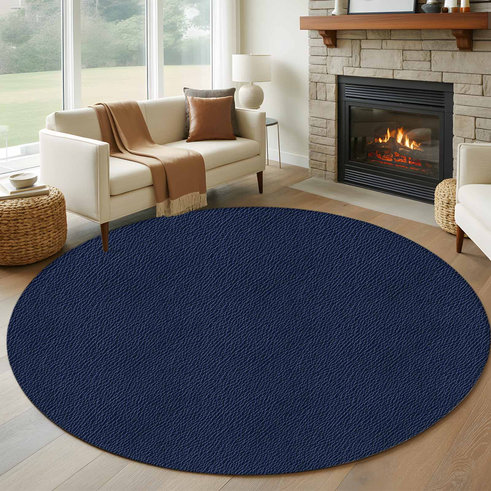 Solid Dark Blue Round Rug 5ft Washable Circle Kitchen Rugs Non Slip Minimalism Abstract Denim Texture Large Area Rug Indoor Floor Carpet for Bedroom Living Room Home Office Dining Room Nursery