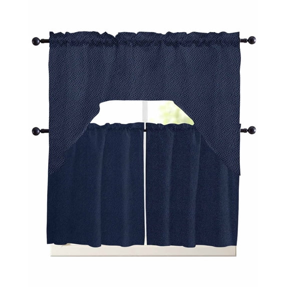 Solid Dark Blue Swag Curtains for Living Room/Bedroom Windows, Minimalism Abstract Denim Texture Kitchen Curtains and Valances Set 36 Inch Length, Light Filtering Swags Valance Curtain Panels
