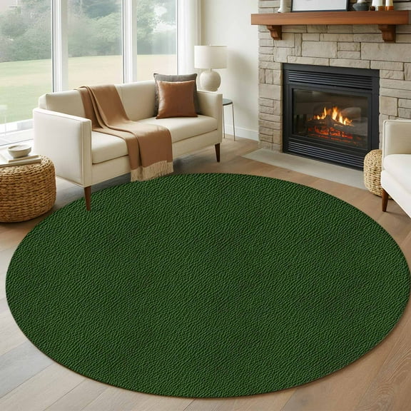 Solid Dark Green Round Area Rug 5 FT, Non Slip Bedroom Area Rug, Retro Minimalism Abstract Denim Texture Washable Soft Circular Carpet Floor Mat for Kitchen Dining Room Foyer Balcony Dorm