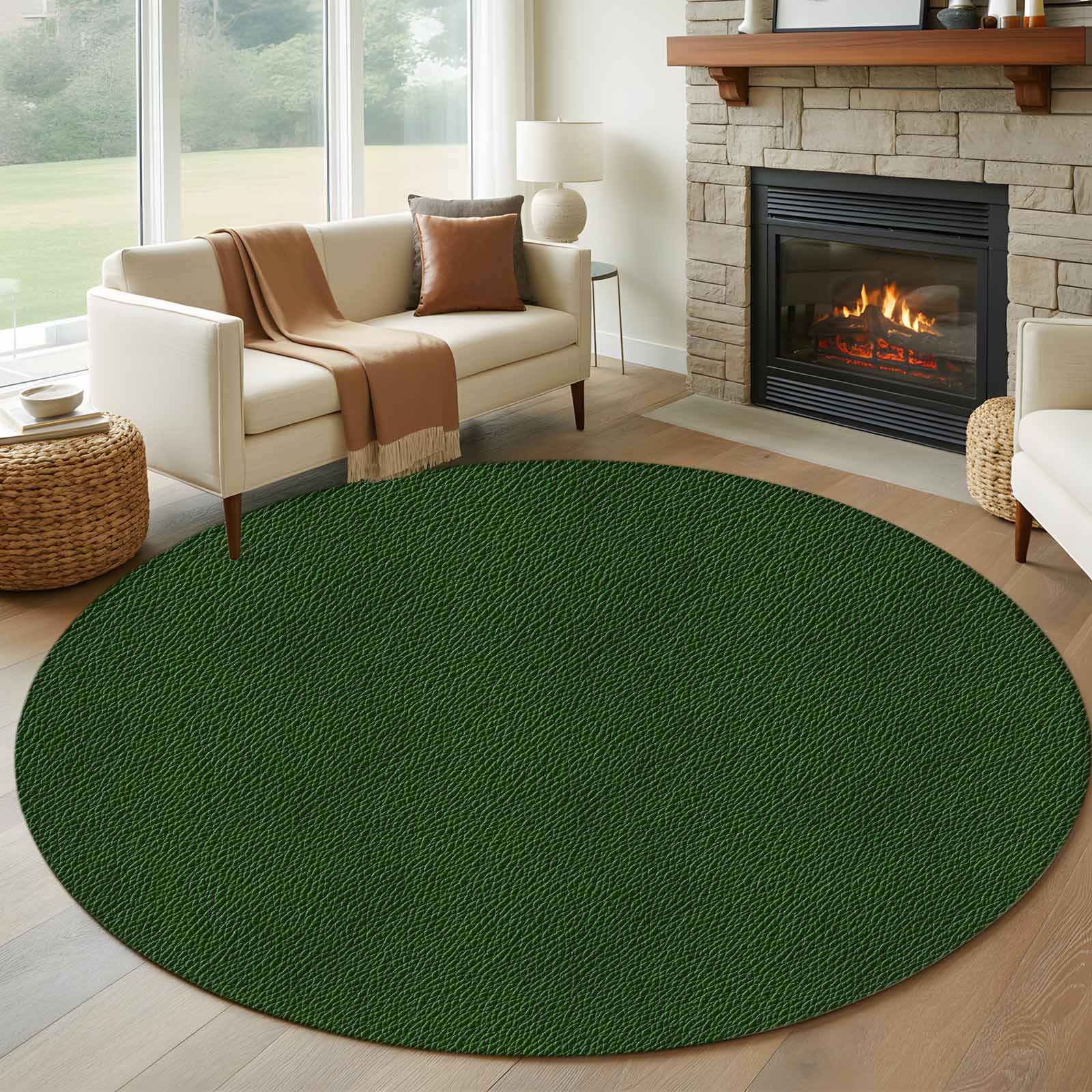Solid Dark Green Round Rug 5ft Washable Circle Kitchen Rugs Non Slip Retro Minimalism Abstract Denim Texture Large Area Rug Indoor Floor Carpet for Bedroom Living Room Home Office Dining Room Nursery