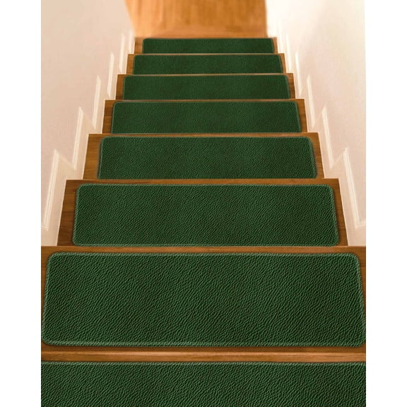 Solid Dark Green Stair Treads for Wooden Steps Indoor Runner Rug Carpet, Retro Minimalism Abstract Denim Texture 4 Pieces Peel and Stick Staircase Step Treads Covers Washable Throw Door Mats, 30"x8"